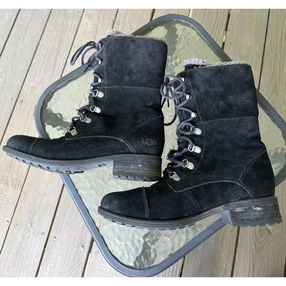 UGG Black Suede Leather Lace Up‎ Shearling Lined Winter Boots Women's Size 10